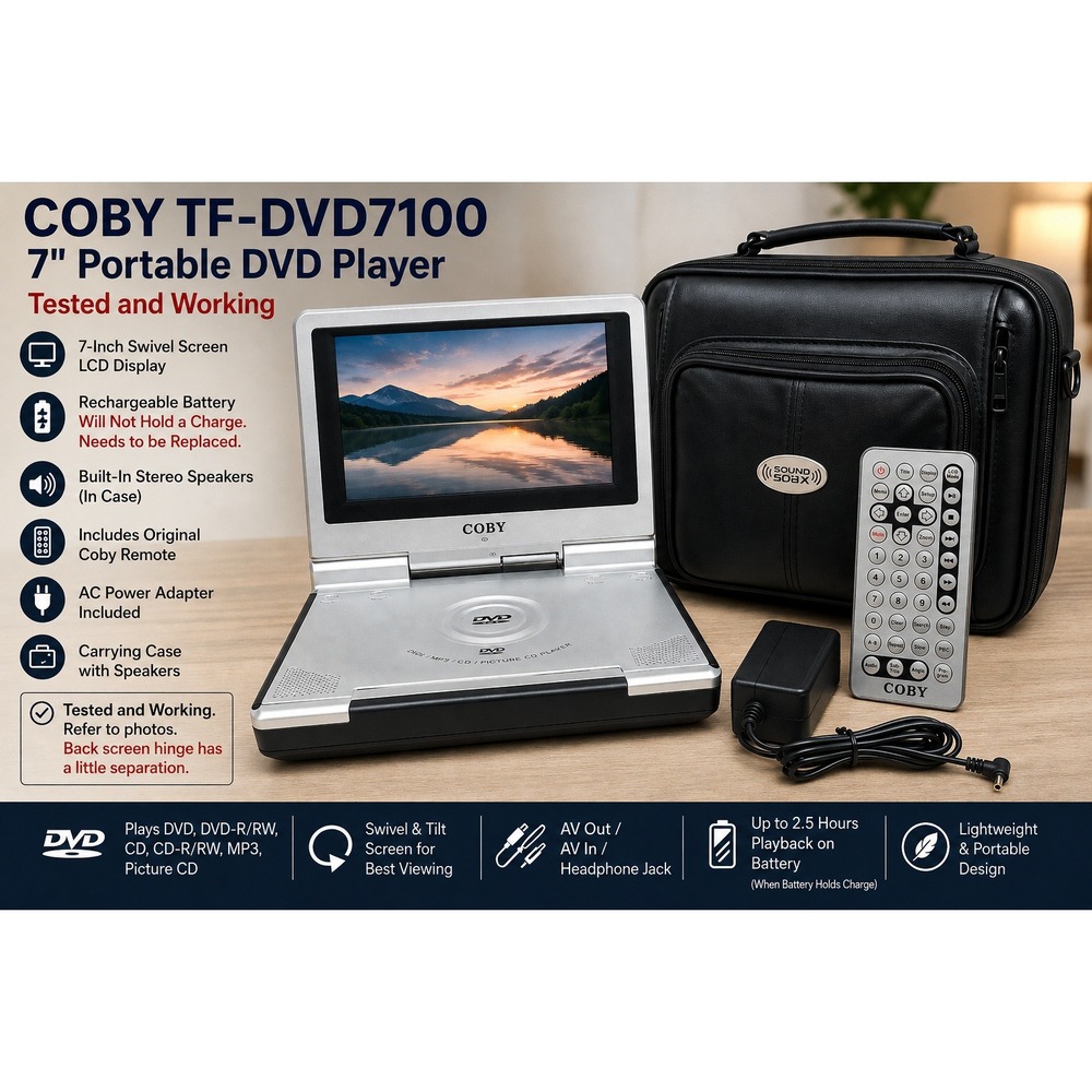 Coby TF-DVD7100 7in Portable DVD Player Silver Swivel Screen Remote Case Bundle